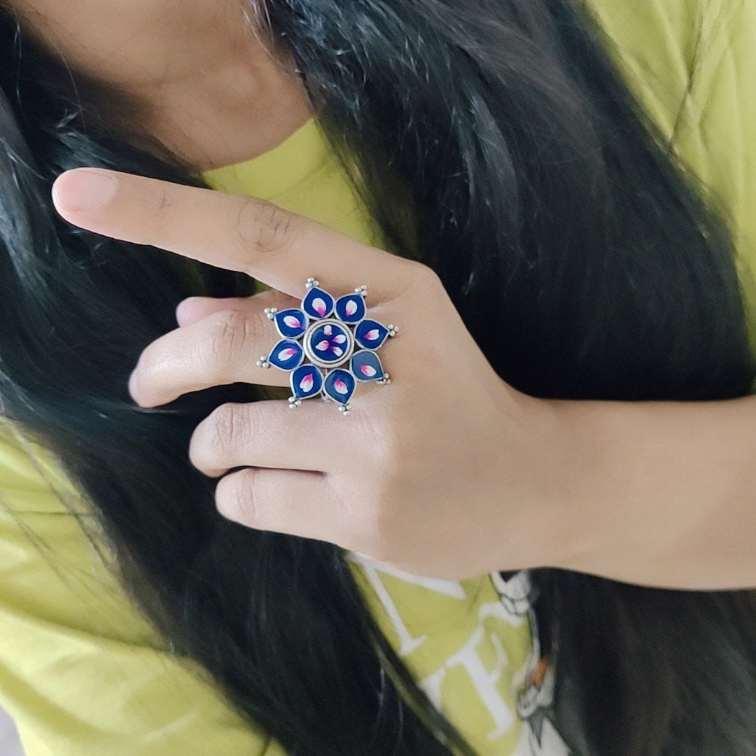 Oxidised Handpainted Flower Finger Ring Adjustable – Unique Traditional Jewelry