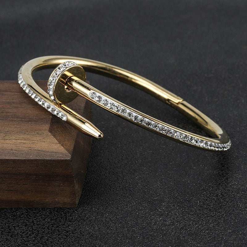 Gold, Rose Gold and Silver Plated Stainless Steel Anti Tarnish AD Studded Nail Bracelet