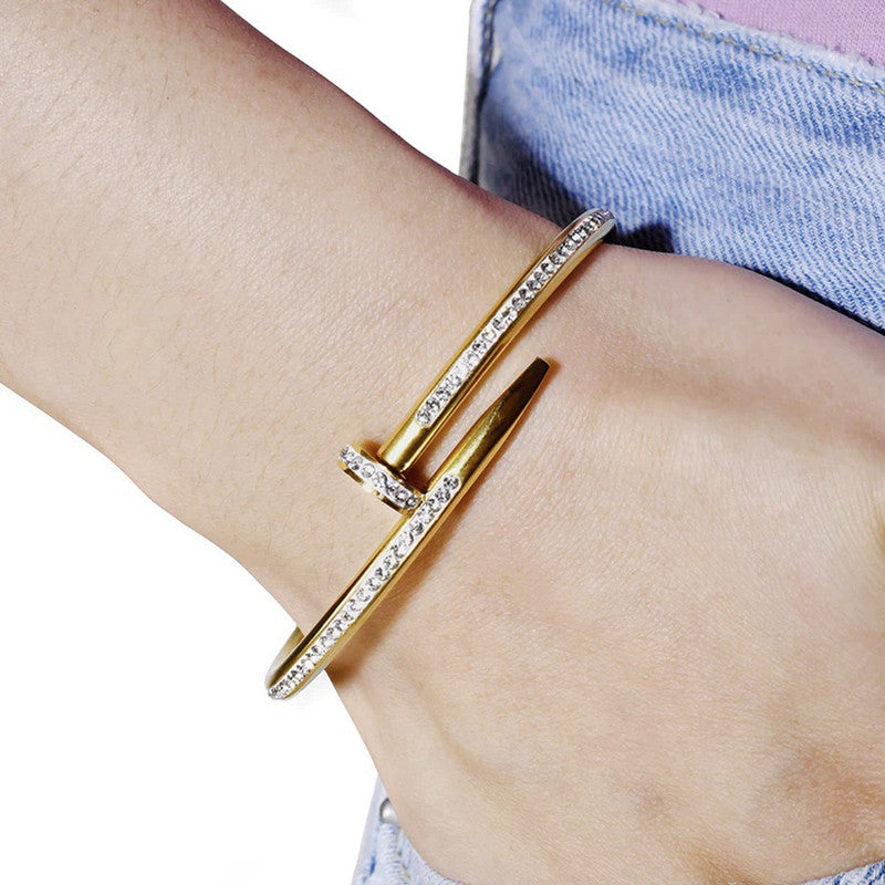 Gold, Rose Gold and Silver Plated Stainless Steel Anti Tarnish AD Studded Nail Bracelet