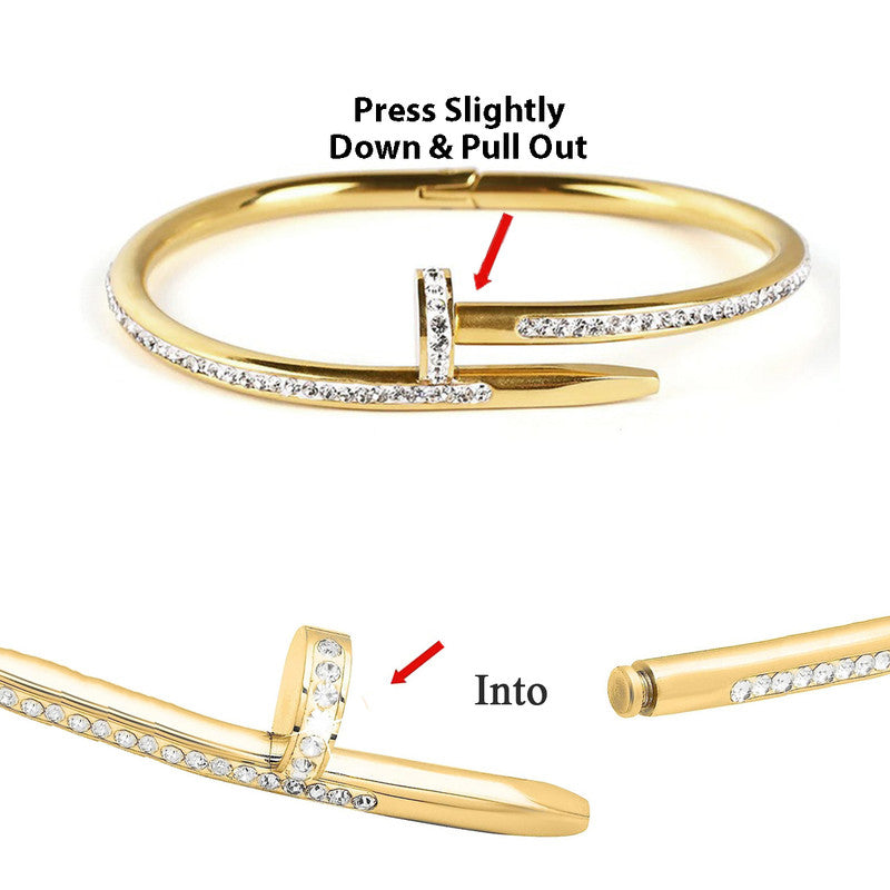 Gold, Rose Gold and Silver Plated Stainless Steel Anti Tarnish AD Studded Nail Bracelet