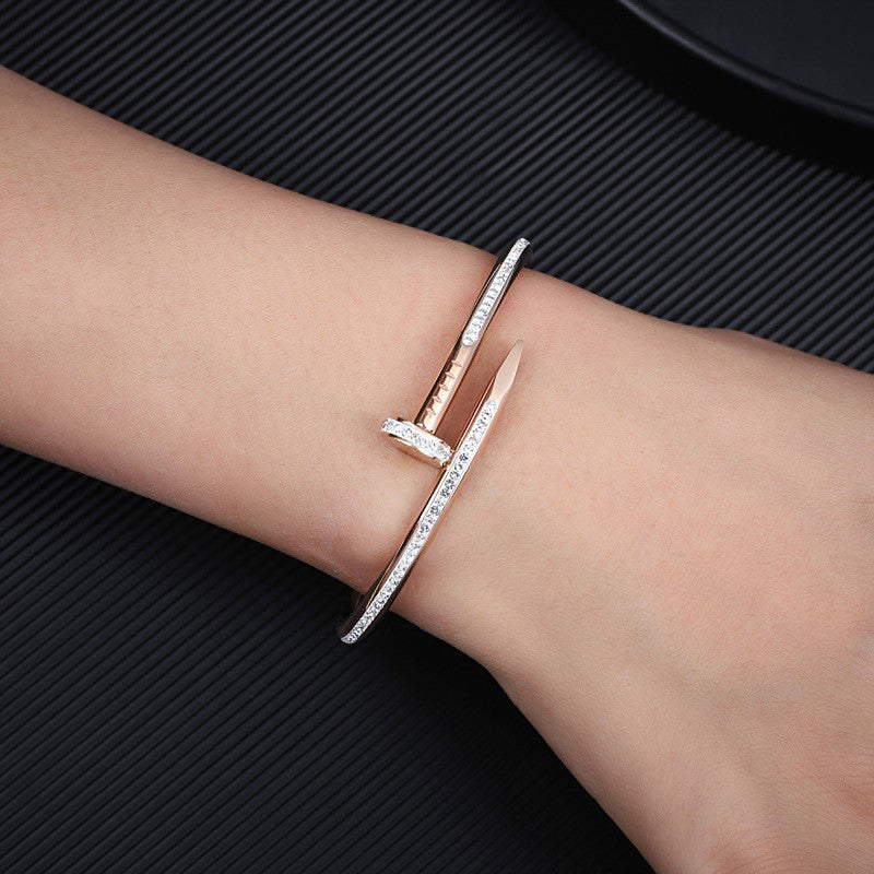 Gold, Rose Gold and Silver Plated Stainless Steel Anti Tarnish AD Studded Nail Bracelet