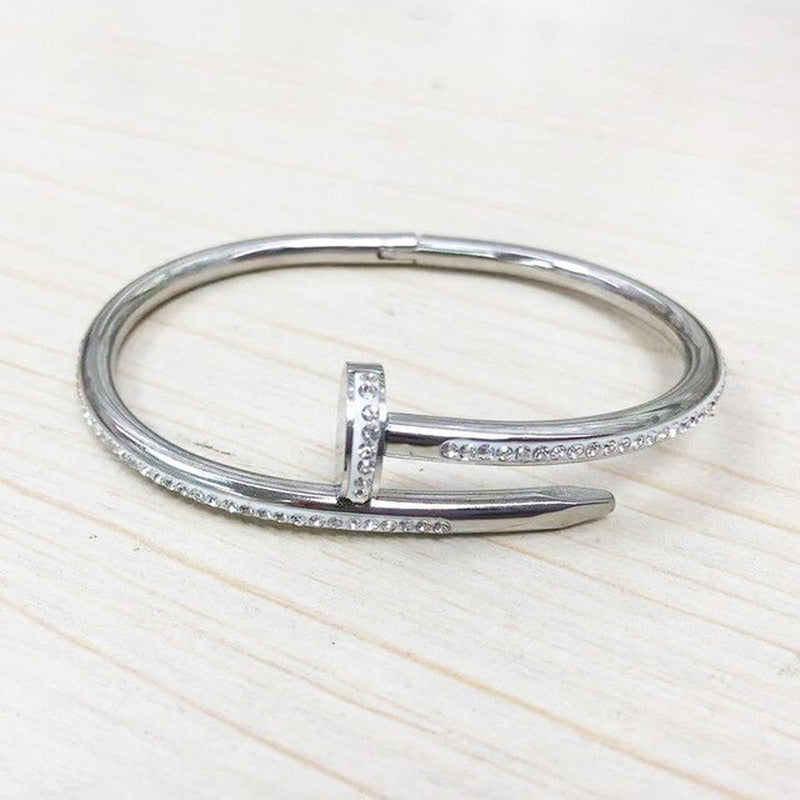 Gold, Rose Gold and Silver Plated Stainless Steel Anti Tarnish AD Studded Nail Bracelet
