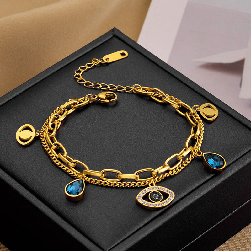 Gold, Rose Gold and Silver Plated Stainless Steel Anti Tarnish Crystal Studded Evil Eye Bracelet