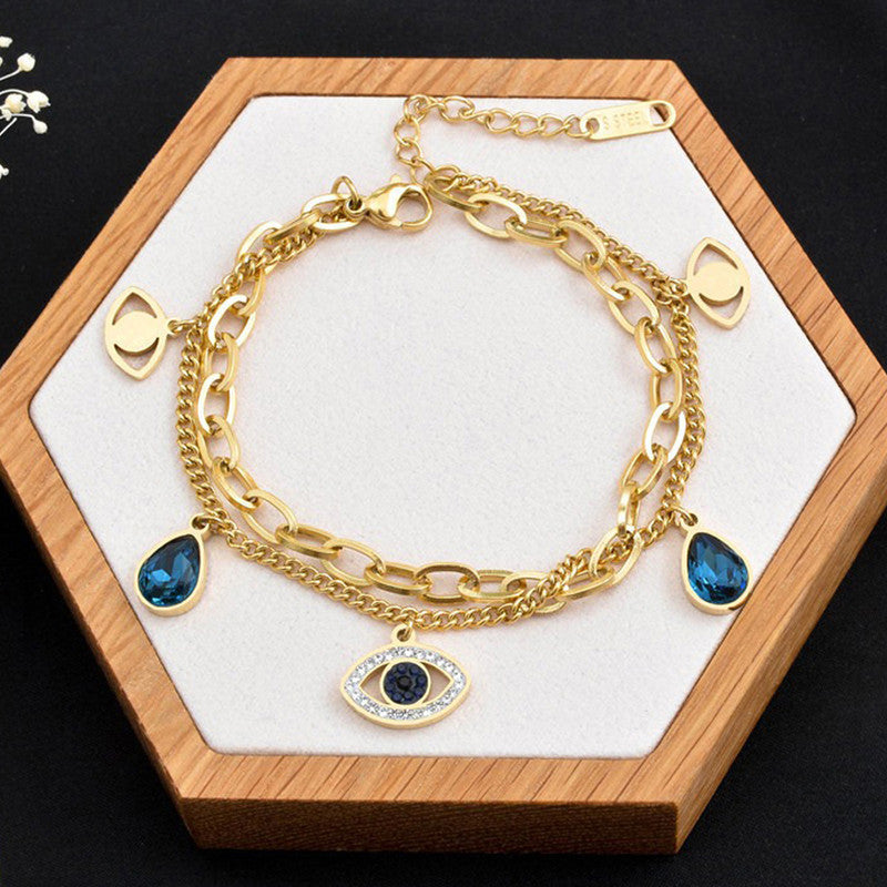 Gold, Rose Gold and Silver Plated Stainless Steel Anti Tarnish Crystal Studded Evil Eye Bracelet