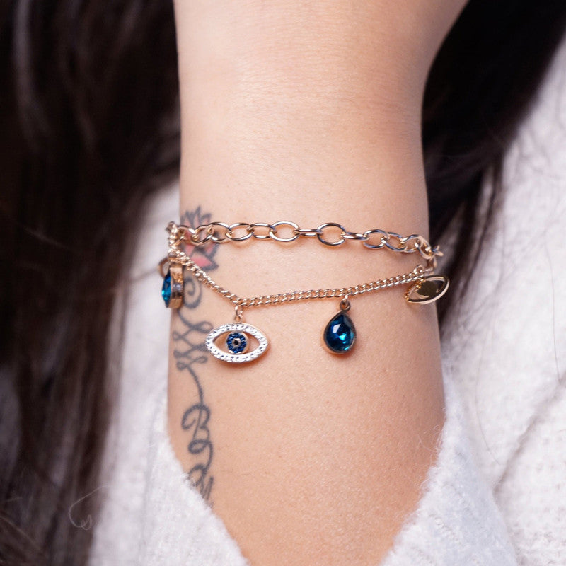 Gold, Rose Gold and Silver Plated Stainless Steel Anti Tarnish Crystal Studded Evil Eye Bracelet