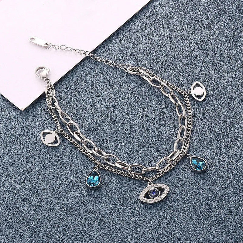 Gold, Rose Gold and Silver Plated Stainless Steel Anti Tarnish Crystal Studded Evil Eye Bracelet