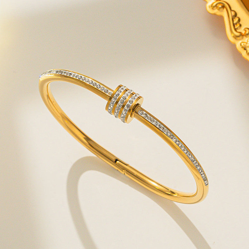 Stainless Steel Gold, Rose Gold and Silver Plated American Diamond Studded Bangle Style Bracelet