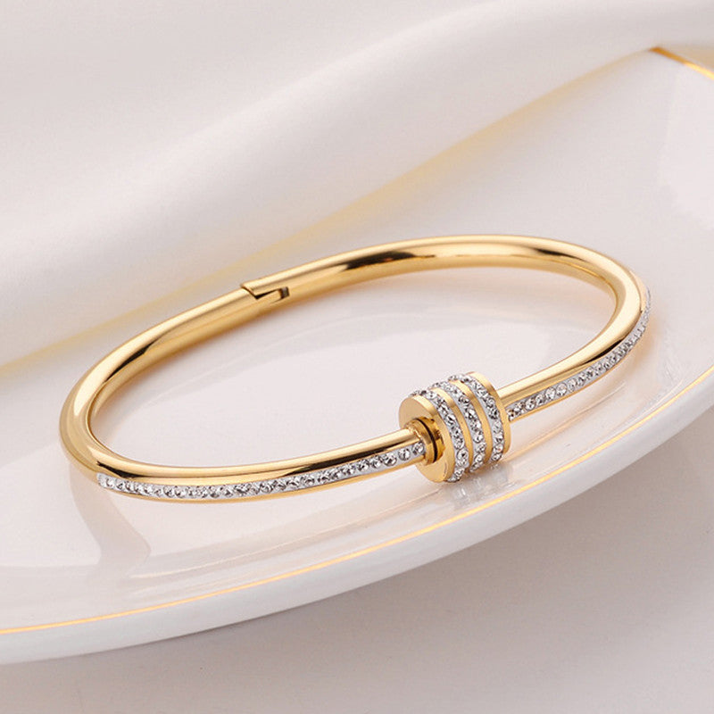 Stainless Steel Gold, Rose Gold and Silver Plated American Diamond Studded Bangle Style Bracelet