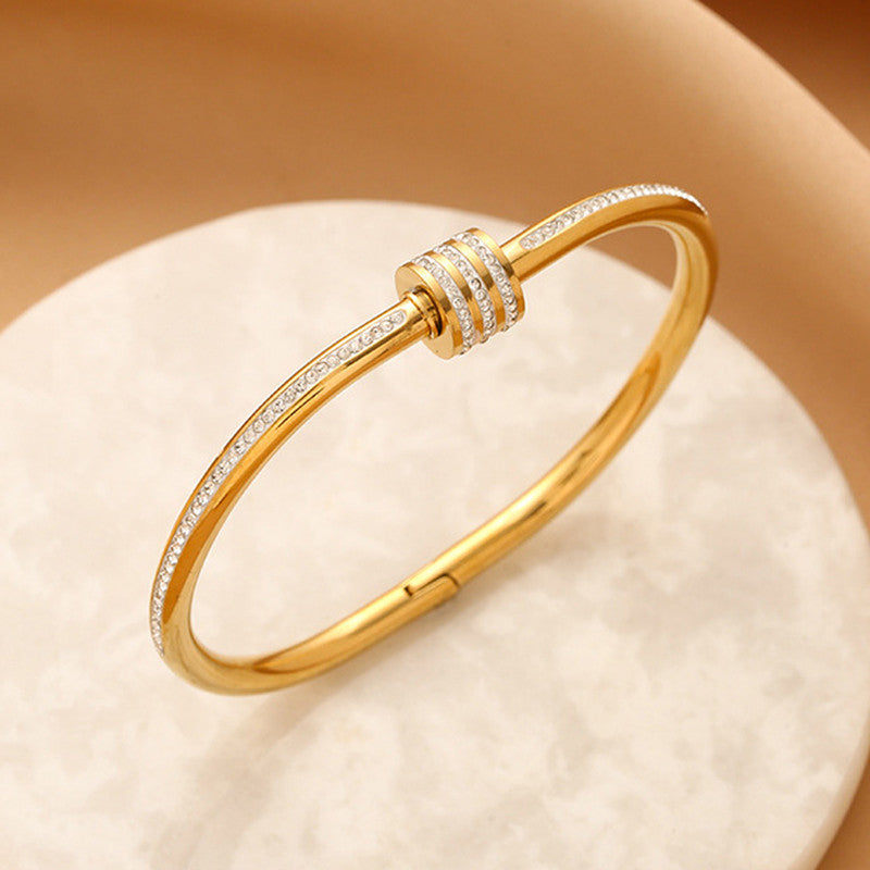 Stainless Steel Gold, Rose Gold and Silver Plated American Diamond Studded Bangle Style Bracelet