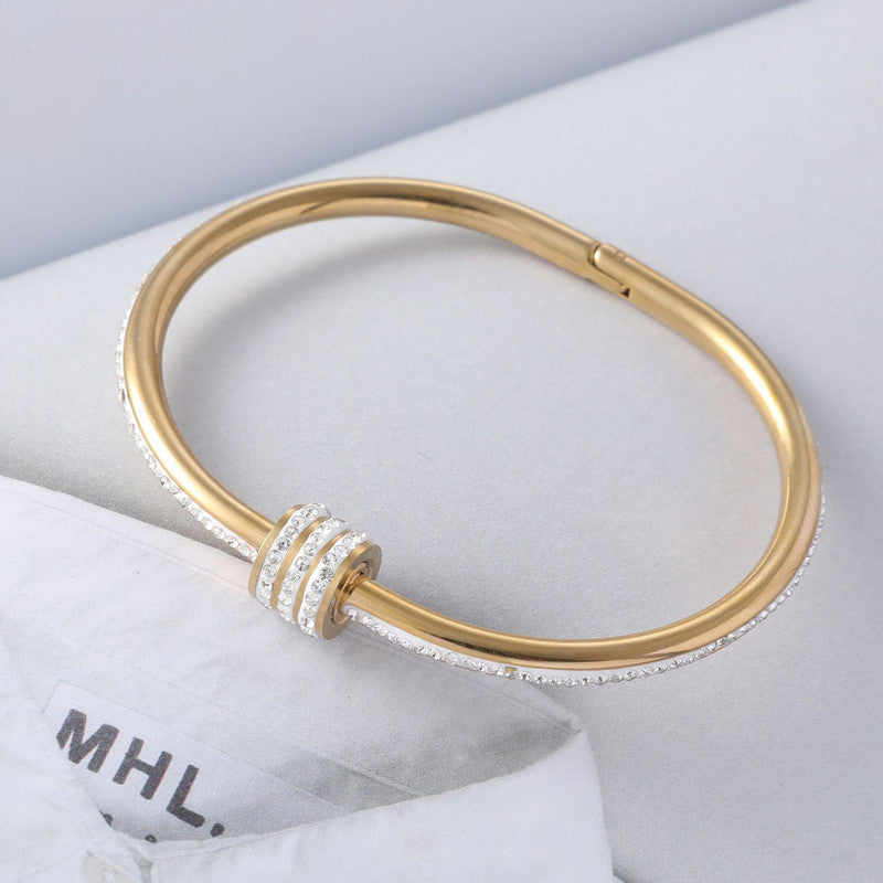 Stainless Steel Gold, Rose Gold and Silver Plated American Diamond Studded Bangle Style Bracelet