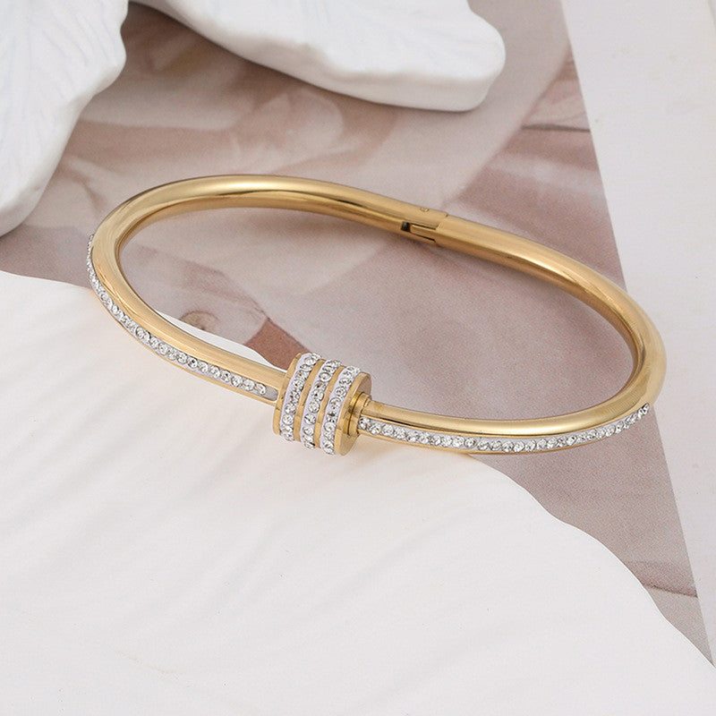 Stainless Steel Gold, Rose Gold and Silver Plated American Diamond Studded Bangle Style Bracelet
