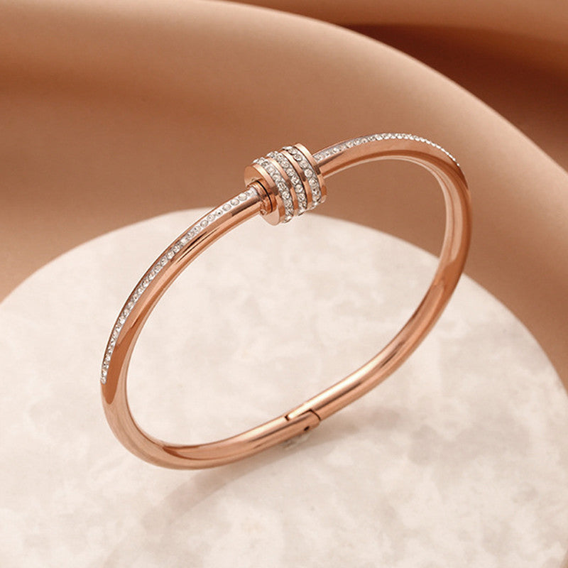 Stainless Steel Gold, Rose Gold and Silver Plated American Diamond Studded Bangle Style Bracelet
