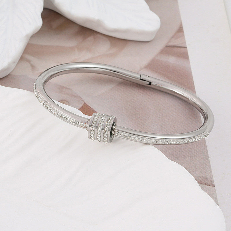 Stainless Steel Gold, Rose Gold and Silver Plated American Diamond Studded Bangle Style Bracelet