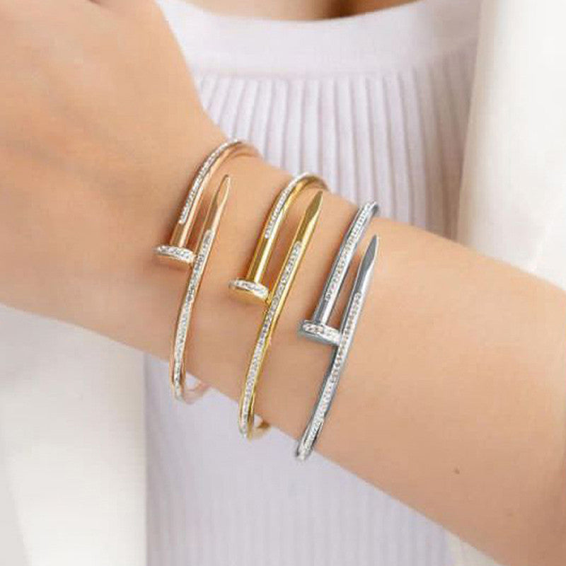 Gold, Rose Gold and Silver Plated Stainless Steel Anti Tarnish AD Studded Nail Bracelet