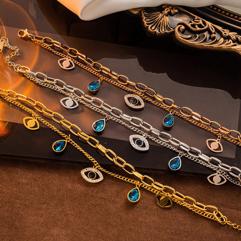 Gold, Rose Gold and Silver Plated Stainless Steel Anti Tarnish Crystal Studded Evil Eye Bracelet