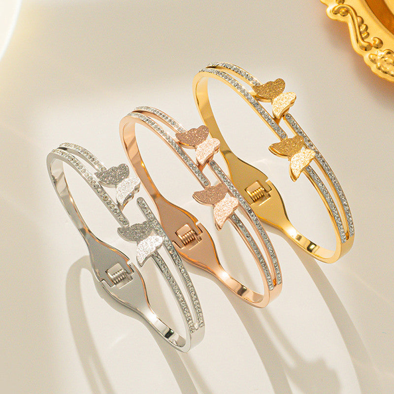Stainless Steel Gold, Rose Gold and Silver Plated Butterfly inspired AD Studded Bracelet