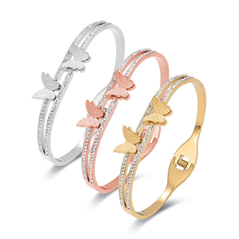 Stainless Steel Gold, Rose Gold and Silver Plated Butterfly inspired AD Studded Bracelet