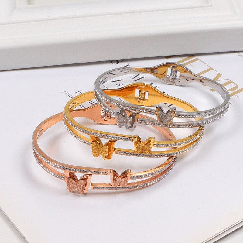 Stainless Steel Gold, Rose Gold and Silver Plated Butterfly inspired AD Studded Bracelet