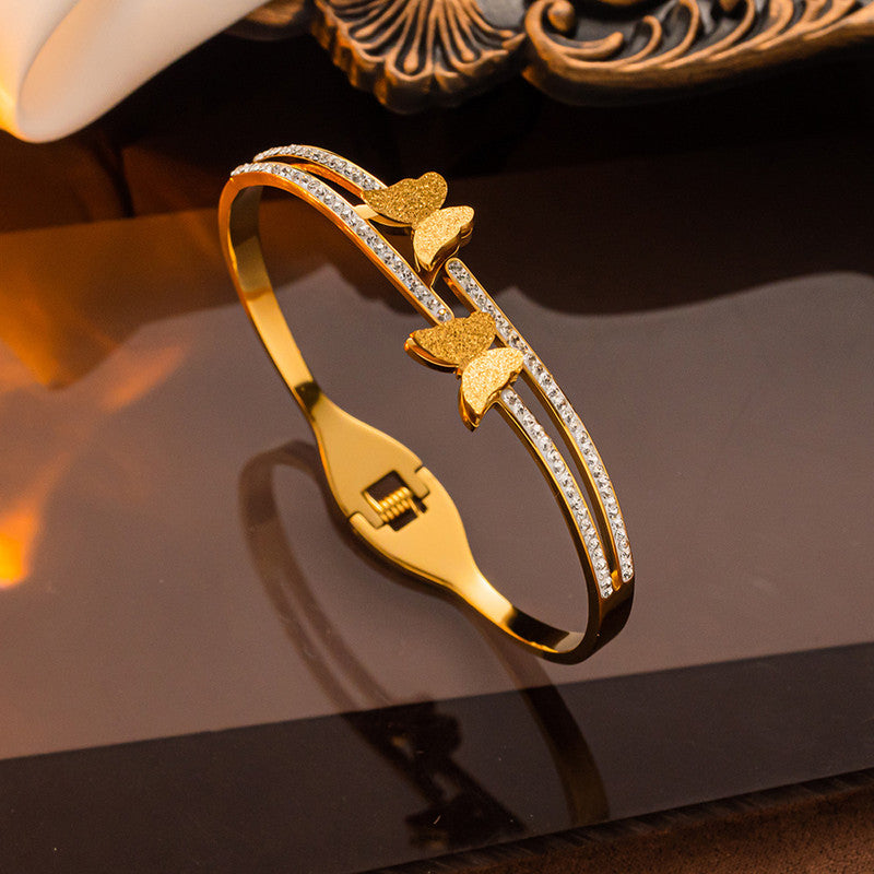 Stainless Steel Gold, Rose Gold and Silver Plated Butterfly inspired AD Studded Bracelet
