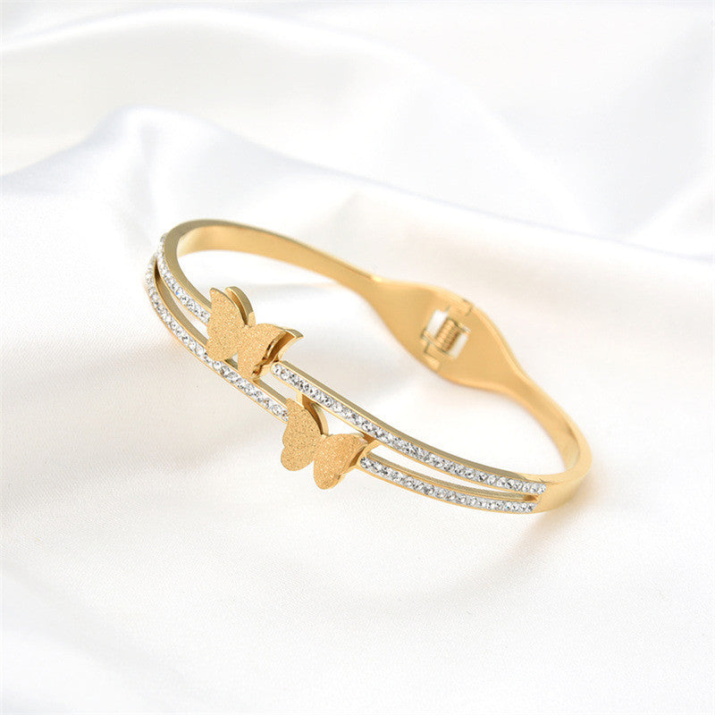 Stainless Steel Gold, Rose Gold and Silver Plated Butterfly inspired AD Studded Bracelet