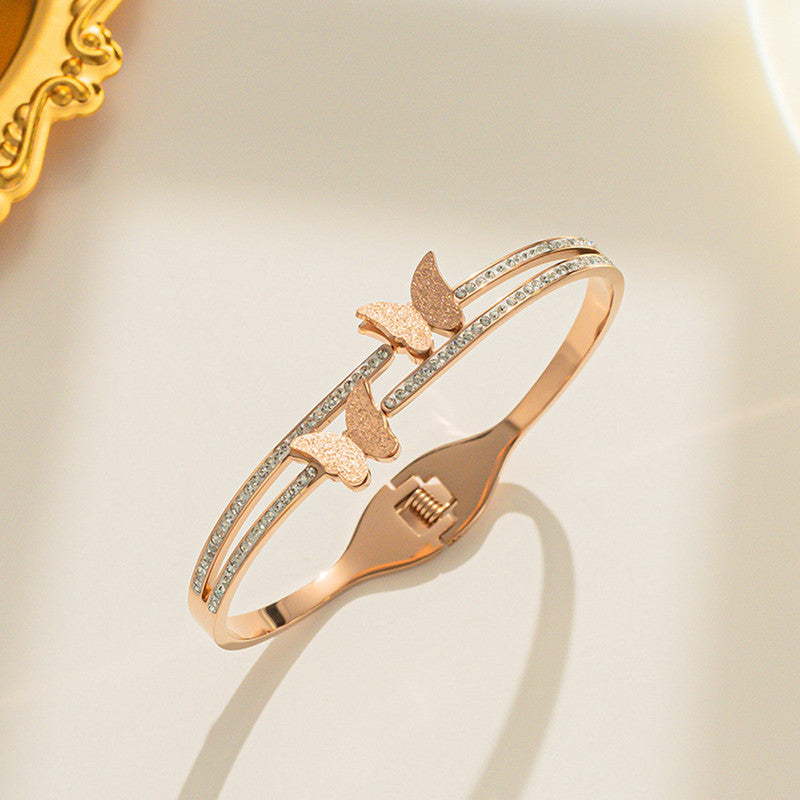 Stainless Steel Gold, Rose Gold and Silver Plated Butterfly inspired AD Studded Bracelet