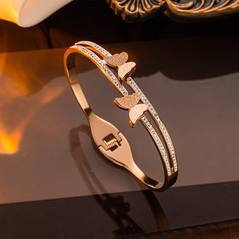 Stainless Steel Gold, Rose Gold and Silver Plated Butterfly inspired AD Studded Bracelet