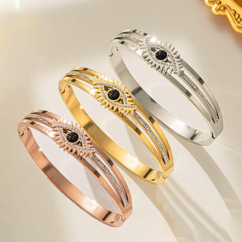 Stainless Steel Gold, Rose Gold and Silver American Diamond Studded Evil Eye Bracelet
