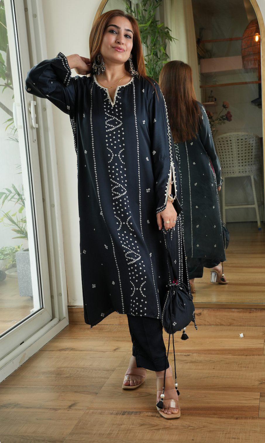 Bandhej Silk Set with Potli