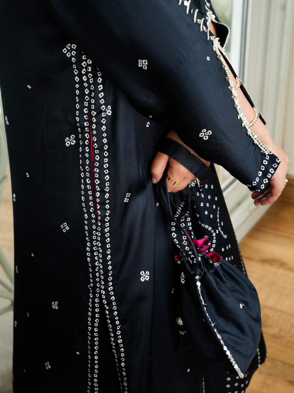 Bandhej Silk Set with Potli