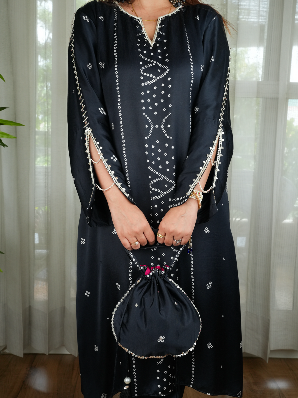 Bandhej Silk Set with Potli