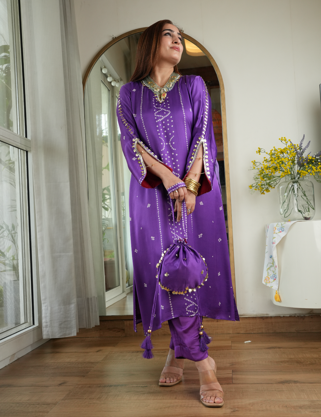 Bandhej Silk Set with Potli