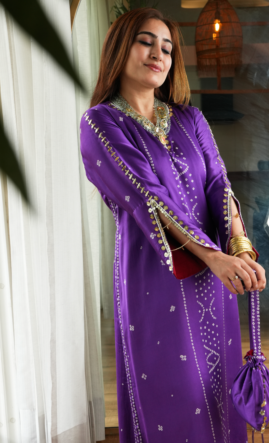 Bandhej Silk Set with Potli