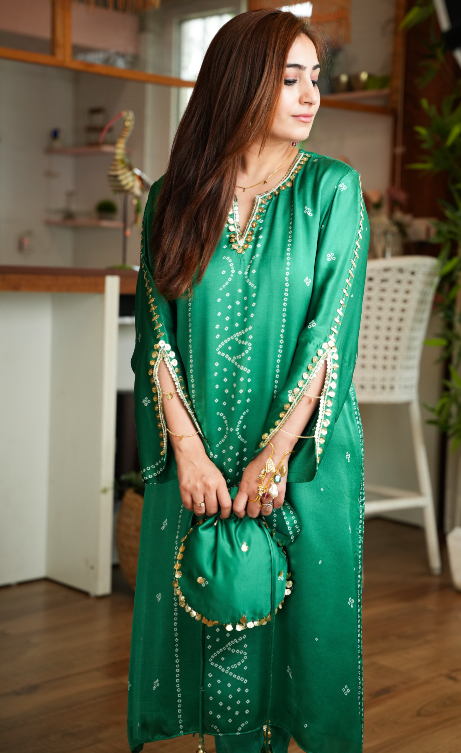 Bandhej Silk Set with Potli