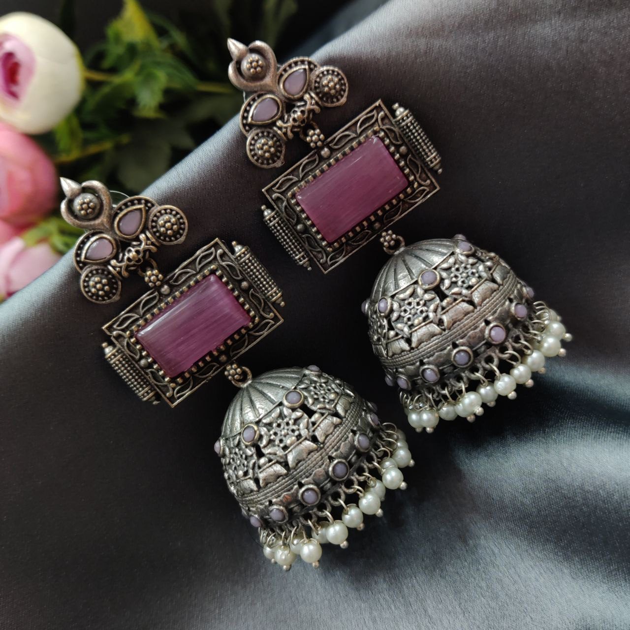 Unique Silver Replica Oxidised Jambo Jhumka With Monalisa Stones
