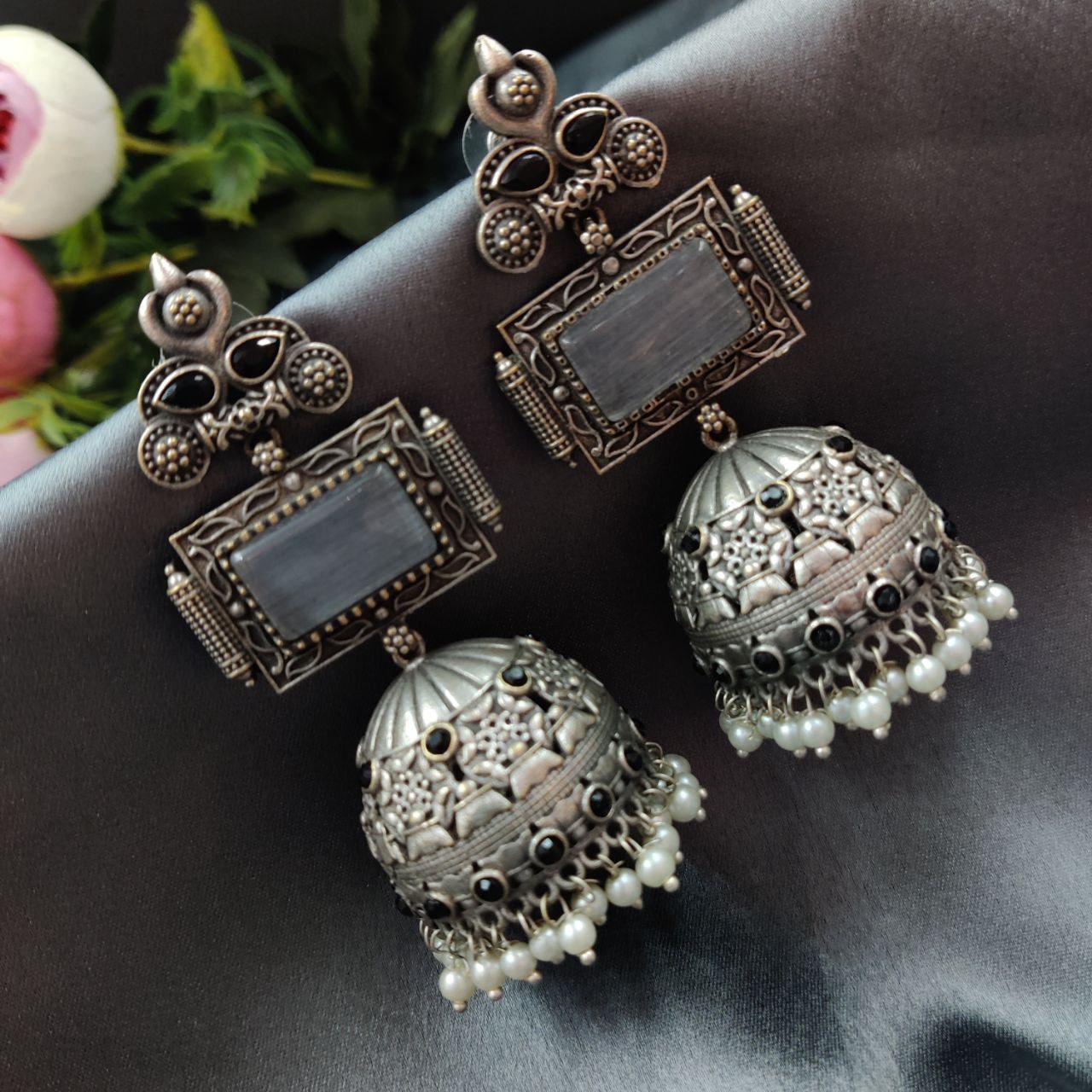 Unique Silver Replica Oxidised Jambo Jhumka With Monalisa Stones