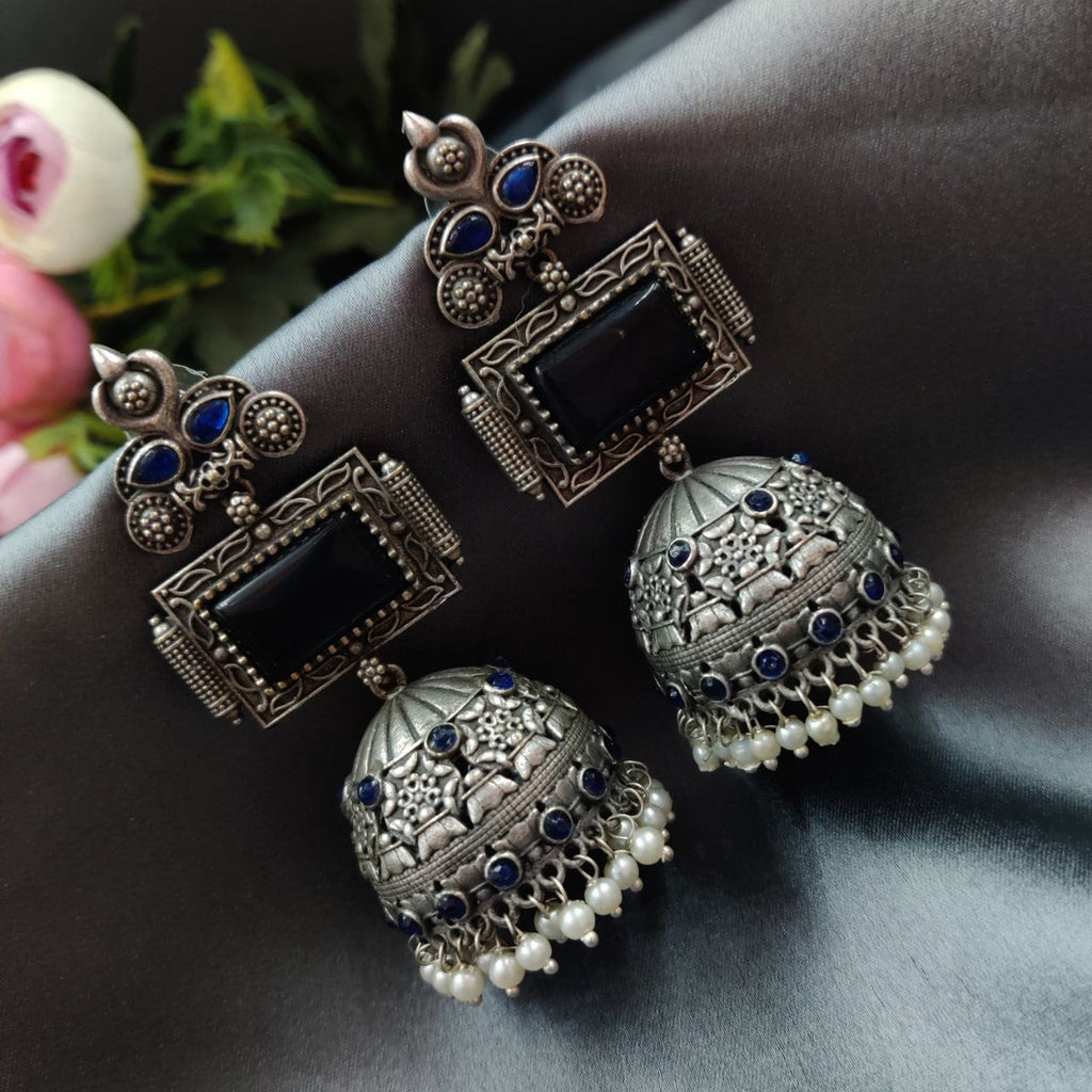 Unique Silver Replica Oxidised Jambo Jhumka With Monalisa Stones
