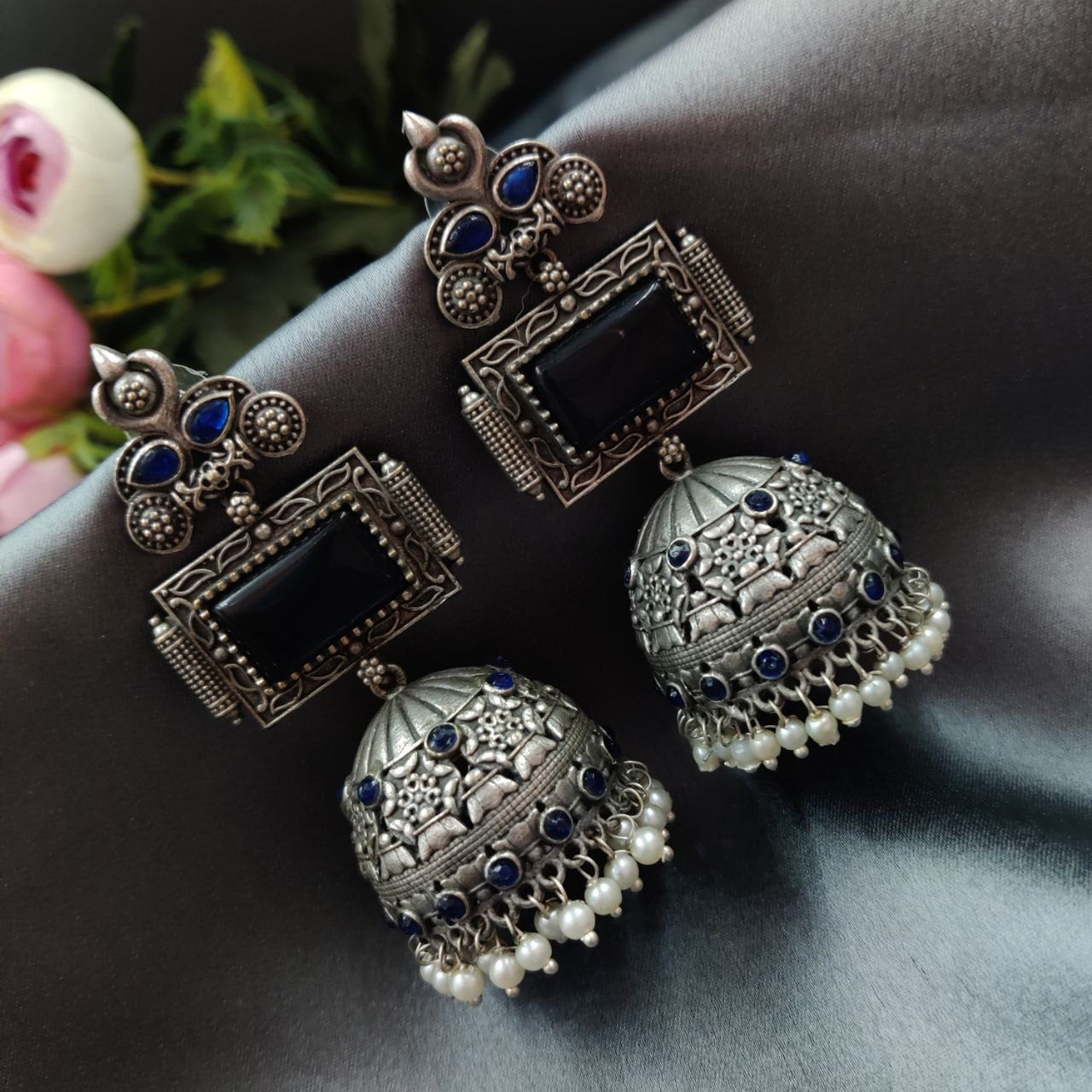 Unique Silver Replica Oxidised Jambo Jhumka With Monalisa Stones