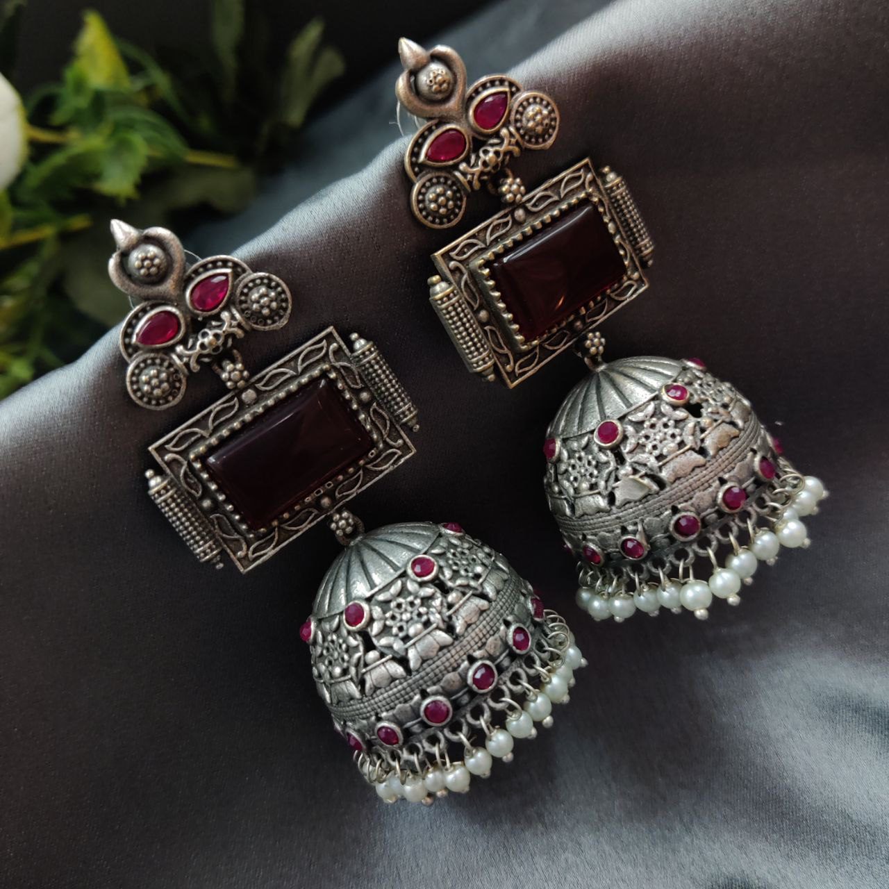 Unique Silver Replica Oxidised Jambo Jhumka With Monalisa Stones