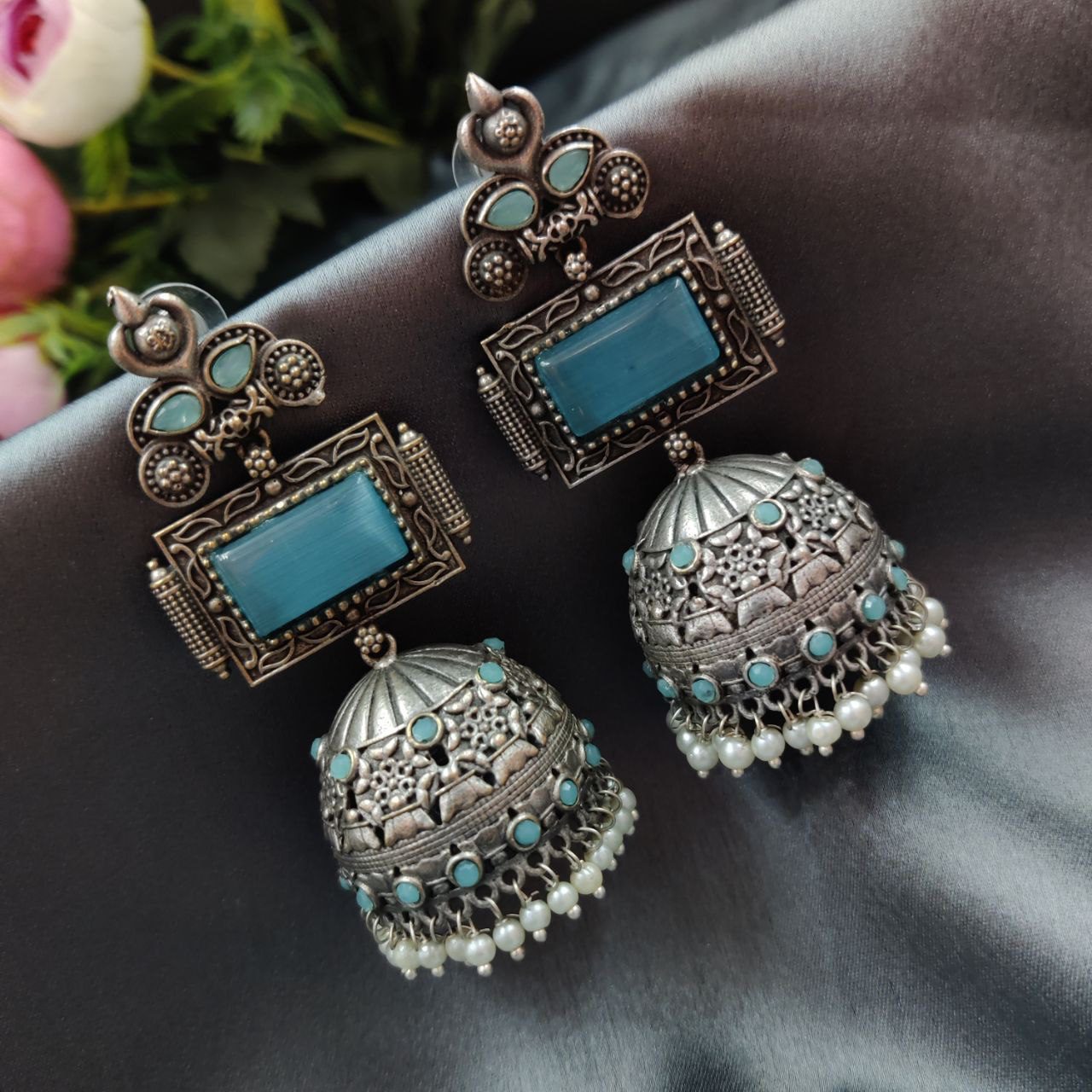 Unique Silver Replica Oxidised Jambo Jhumka With Monalisa Stones