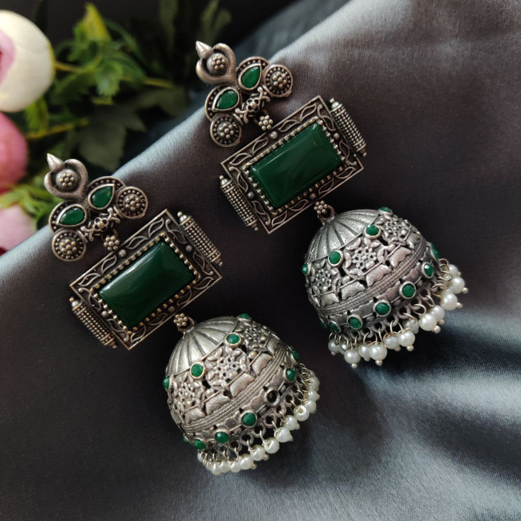 Unique Silver Replica Oxidised Jambo Jhumka With Monalisa Stones