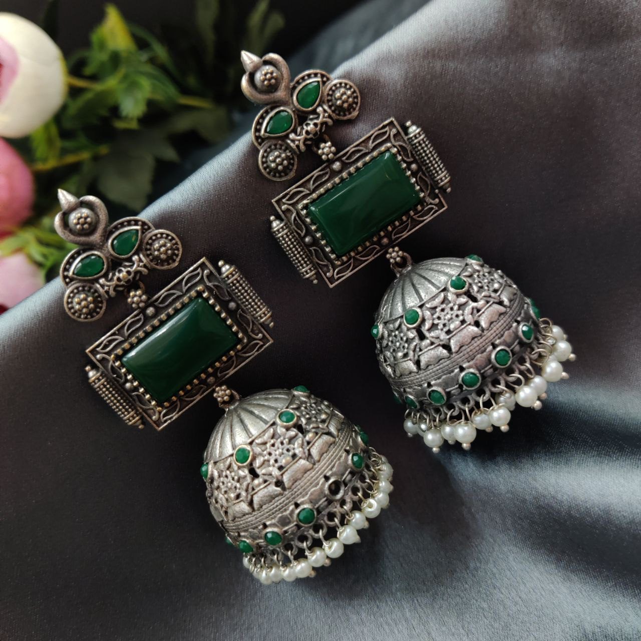 Unique Silver Replica Oxidised Jambo Jhumka With Monalisa Stones