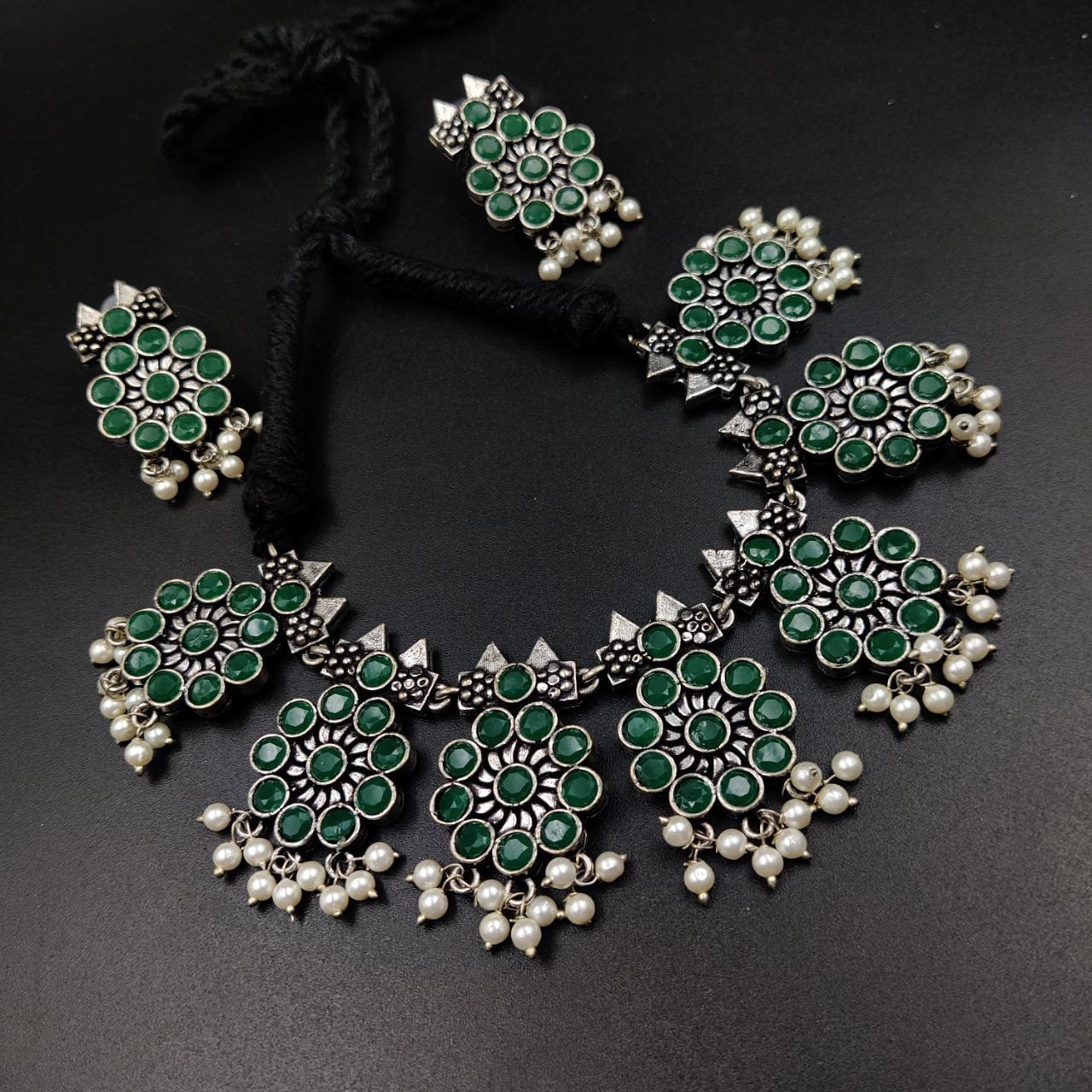 Ethnic-inspired oxidized stone choker set with a touch of elegance