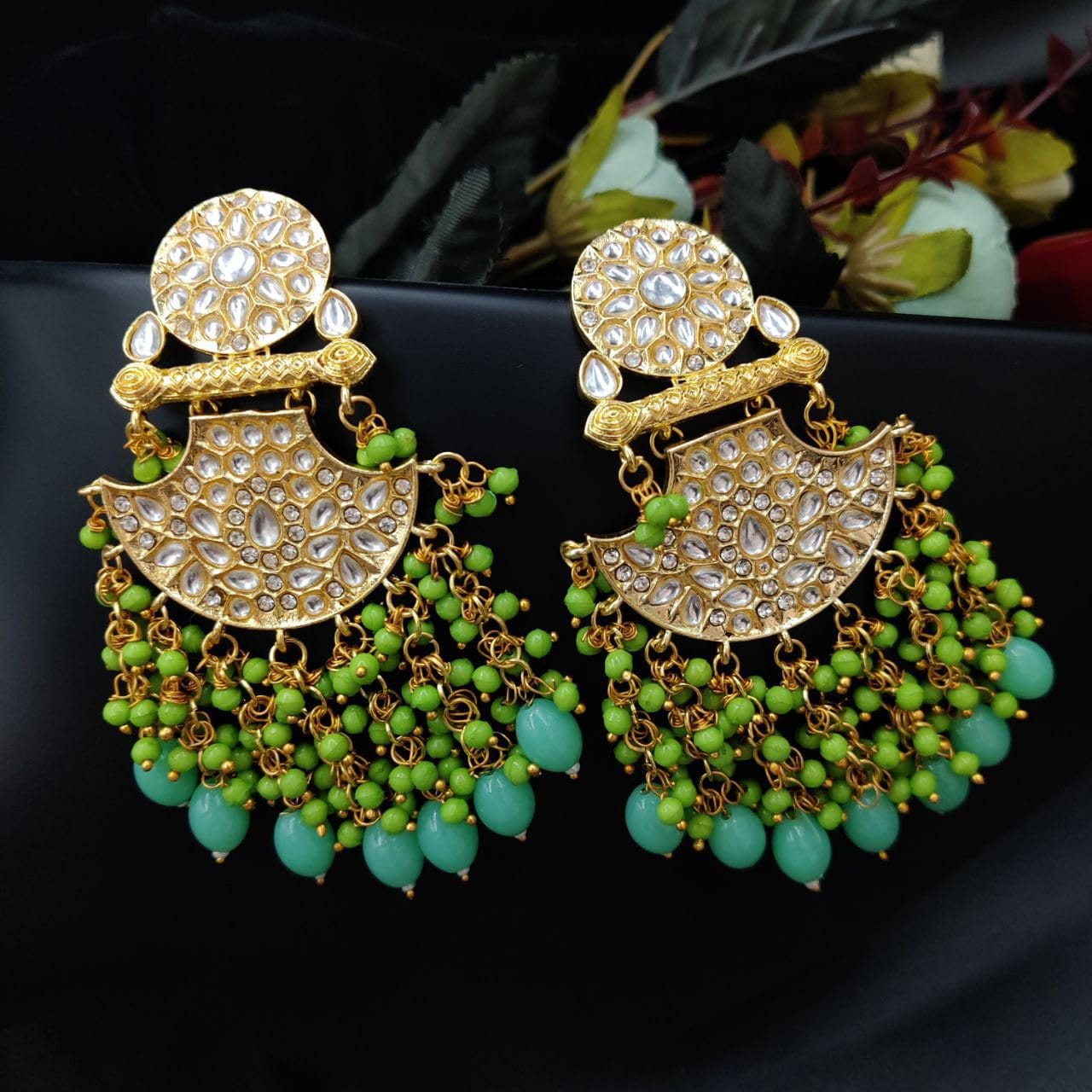 Traditional gold plated Meenakari Chandbali Earrings with Kundan Work