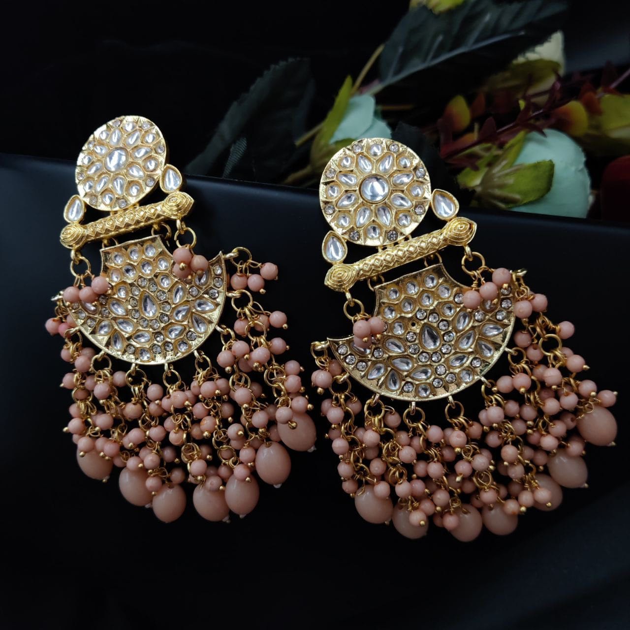 Traditional gold plated Meenakari Chandbali Earrings with Kundan Work