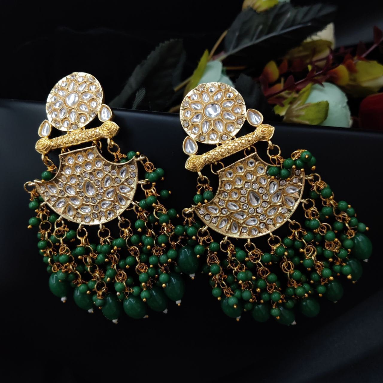 Traditional gold plated Meenakari Chandbali Earrings with Kundan Work