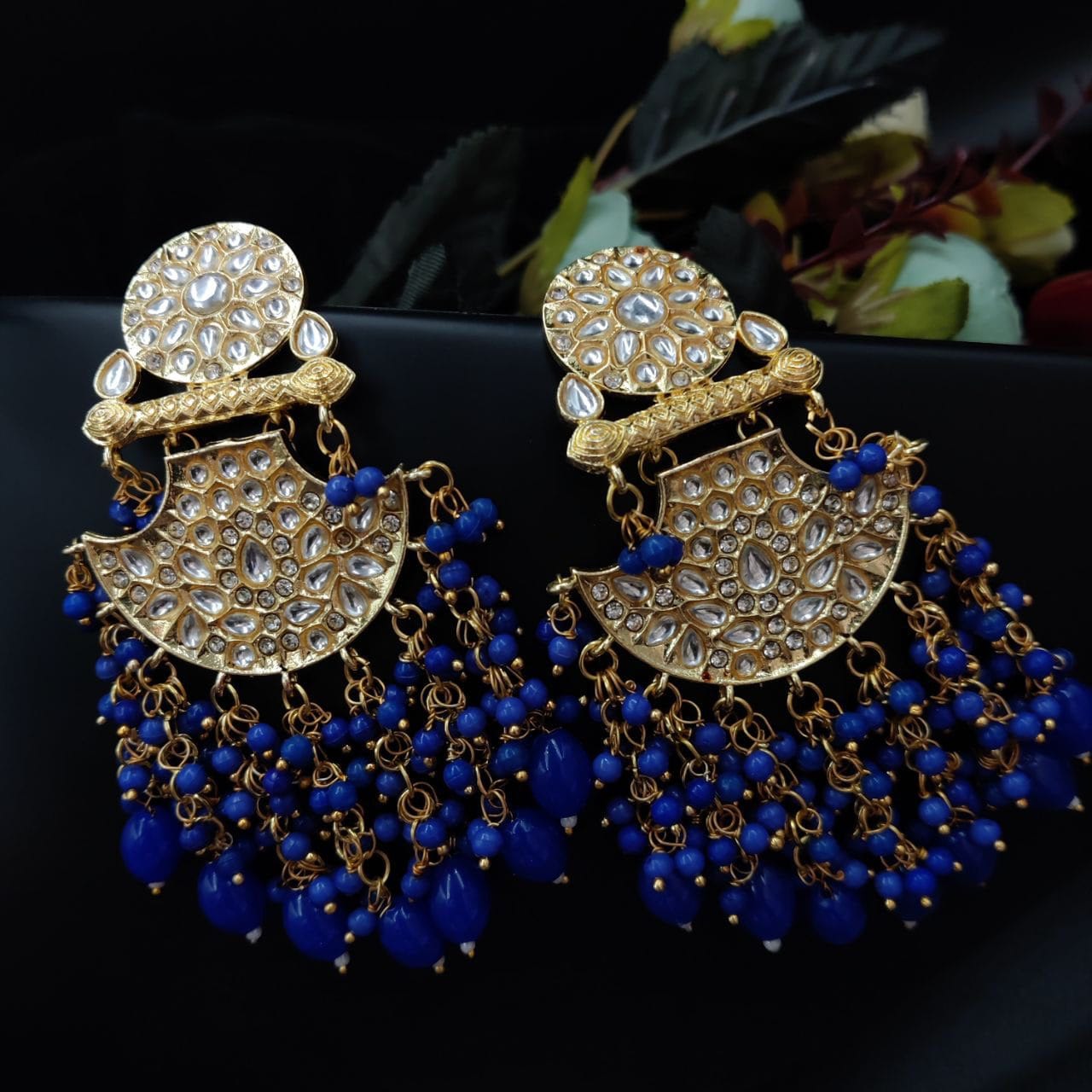 Traditional gold plated Meenakari Chandbali Earrings with Kundan Work