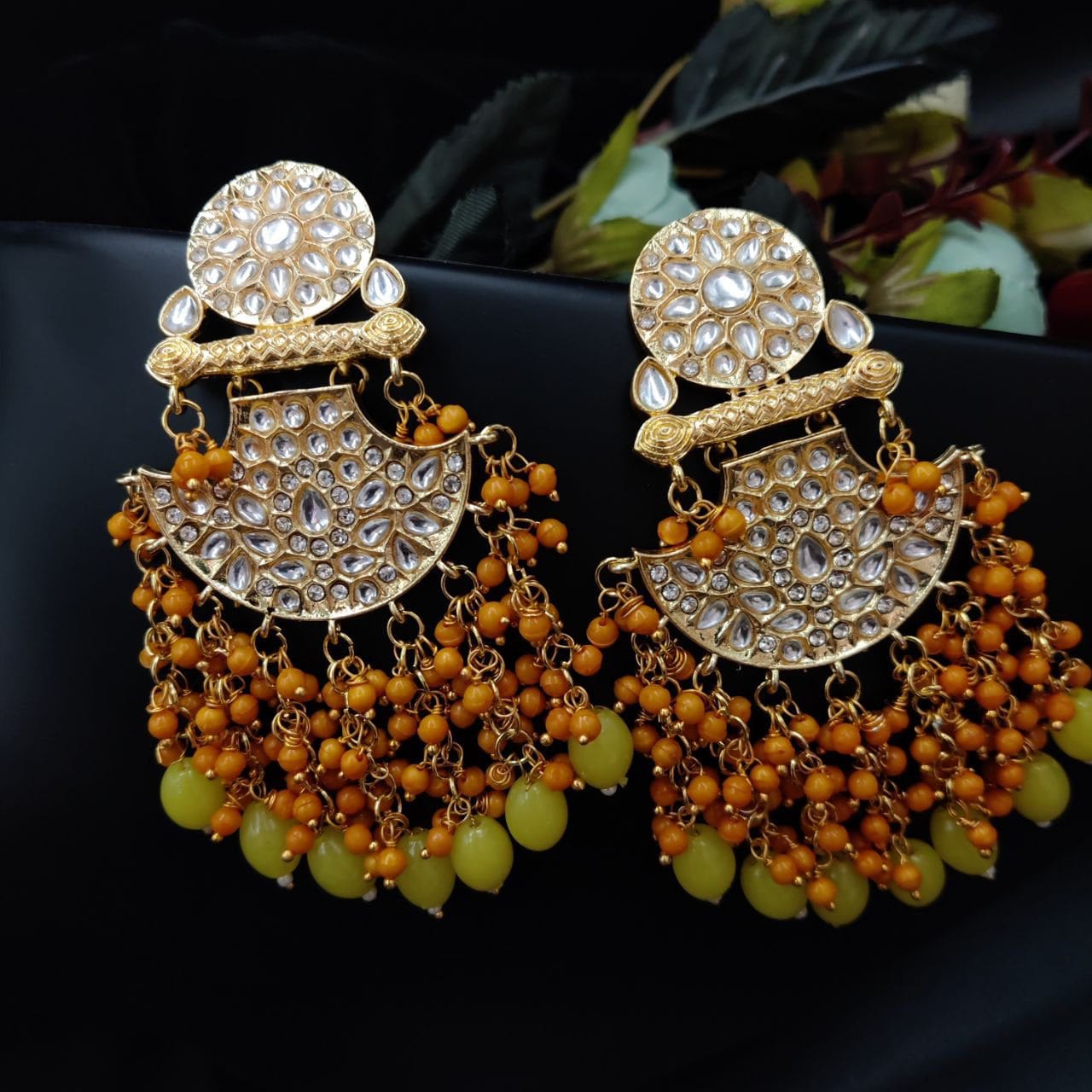 Traditional gold plated Meenakari Chandbali Earrings with Kundan Work