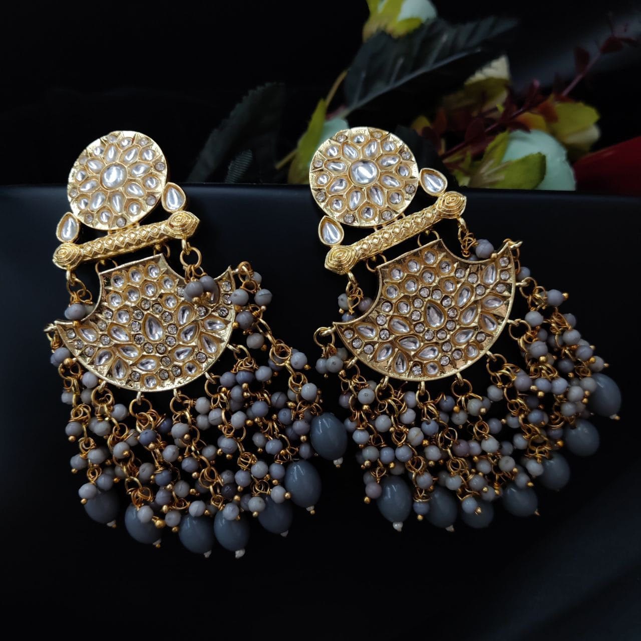 Traditional gold plated Meenakari Chandbali Earrings with Kundan Work