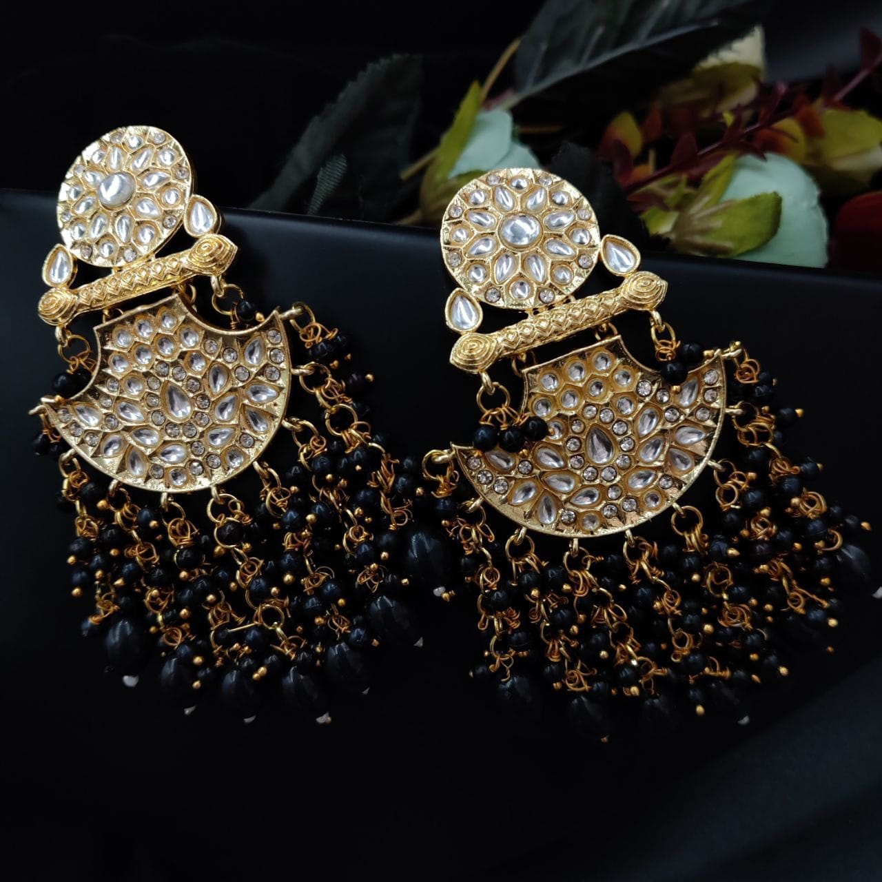 Traditional gold plated Meenakari Chandbali Earrings with Kundan Work