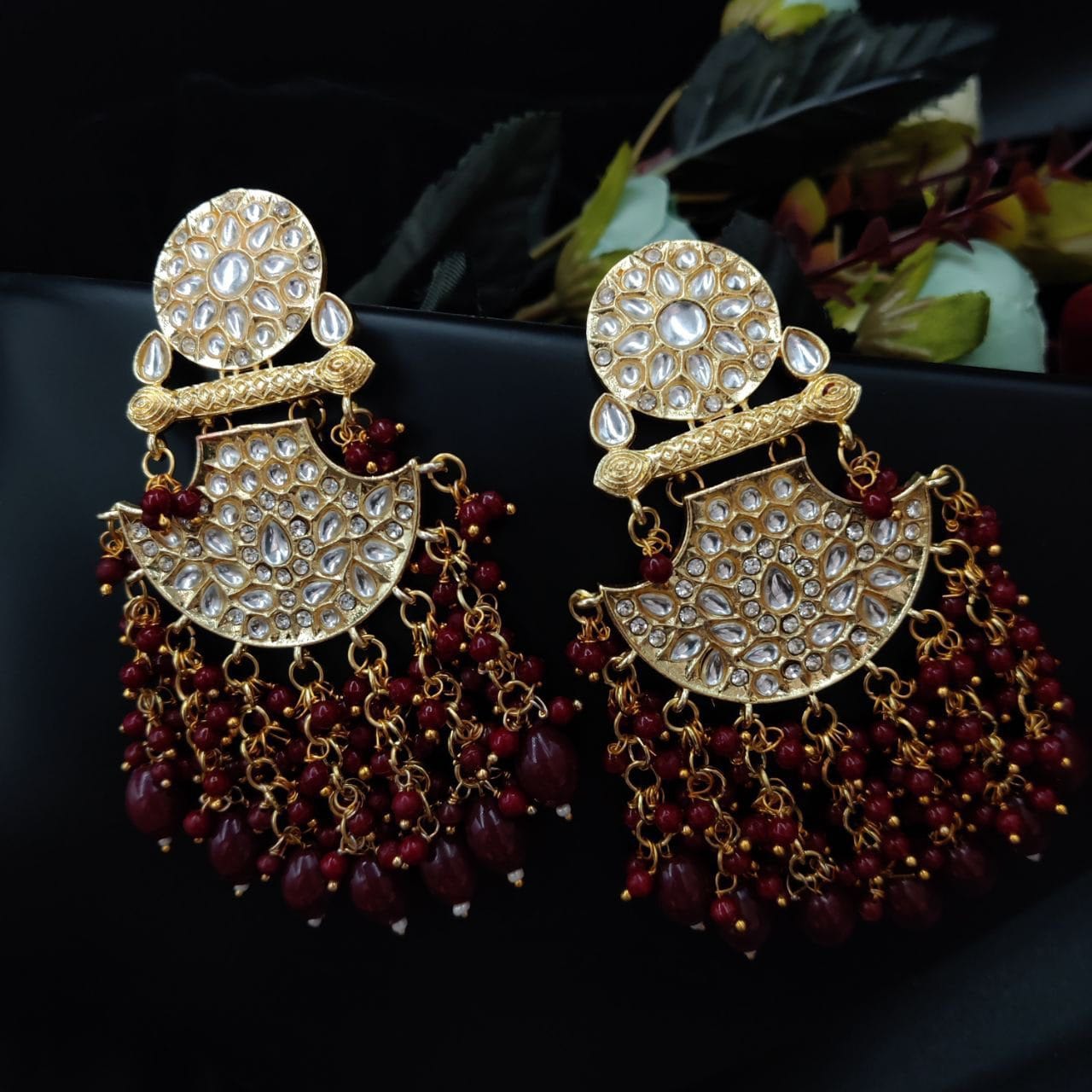 Traditional gold plated Meenakari Chandbali Earrings with Kundan Work